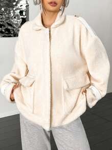 SHEIN Unity Regular Solid Color Wide Pocket Loose Plush Jacket - Beige - View 4