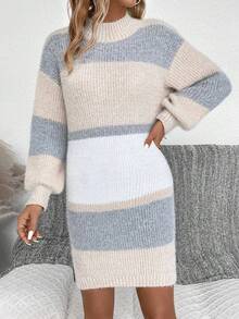 SHEIN Essnce Color Block Drop Shoulder Sweater Dress Without Belt - Multicolor - View 3