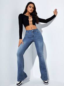 SHEIN ICON Moustache Effect Flare Leg Jeans - Dark Wash - View 4
