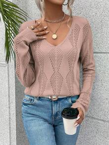 SHEIN Unity Chất rắn Cổ v Dệt kim chấm bi Thả vai Áo len - Bụi hồng - Xem 3