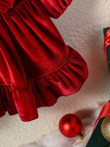 SHEIN 女嬰荷葉邊絲絨娃娃裙 - 玫紅色 - 查看 3