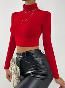 SHEIN Unity 素色高領短款T恤 - 紅色 - 查看 5