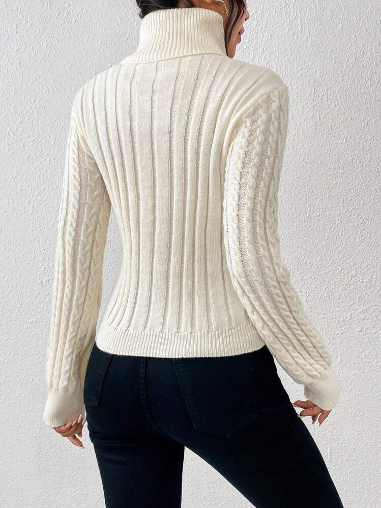 Chiquease Turtleneck Cut Out Cable Knit Sweater,Long Sleeve Tops Knit Pullover Fall Winter Sweater - Beige - View 2