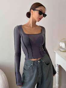 DAZY Khâu Thiết kế Cổ áo vuông Tay áo dài Áo - Xám - Xem 7