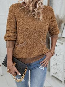 SHEIN LUNE Túi Kép Thả vai Áo len - màu nâu - Xem 6