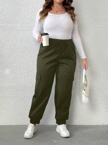 Calvaya 加大翻盖口袋侧抽绳腰部工装裤 - 軍綠色 - 查看 3