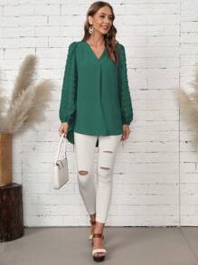 SHEIN LUNE 圓點燈籠袖高低下擺襯衫 - 墨綠色 - 查看 4