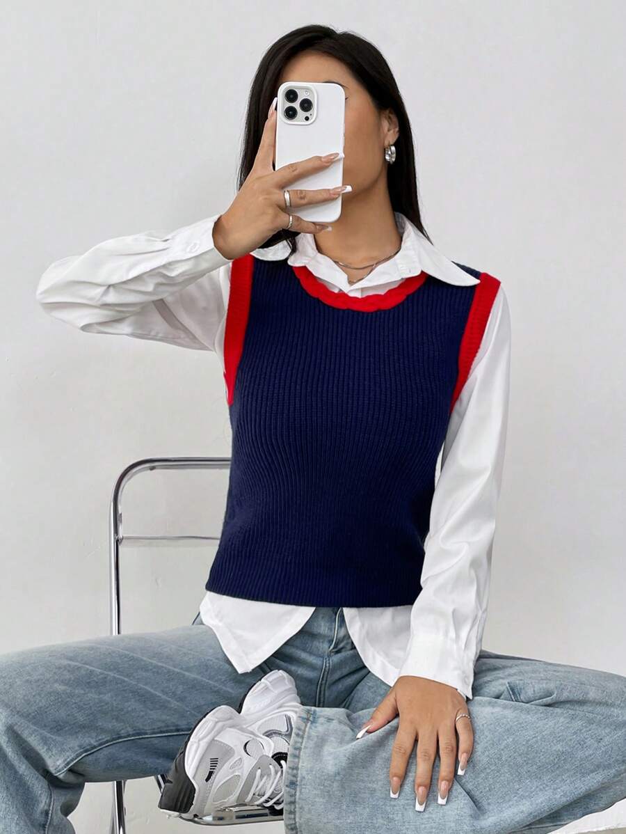 SHEIN Unity 拼接邊毛衣背心不帶襯衫 - 藏蓝色 - 查看 1