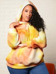 SHEIN CURVE+ Áo nỉ kiểu áo gấu bông cỡ lớn, nhuộm tie-dye, có túi kangaroo và vai rớt. - trái cam - Xem 4