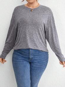 SHEIN LUNE Ladies' Plus Size Ribbed T-Shirt - Grey - View 4