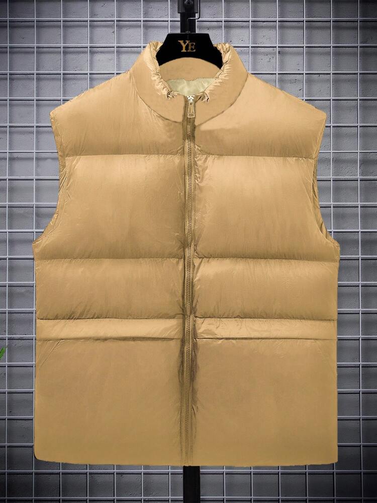 Loose Fit Men Plus Size Solid Zip Up Vest Coat