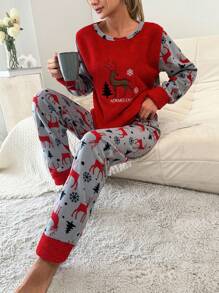 RueChic Christmas Elk & Snowflake Embroidery Flannel PJ Set - Multicolor - View 1