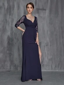 Contrast Lace Split Thigh Mother of the Bride Dress - Navy Blue - View 3