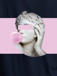 SHEIN EZwear Plus Sculpture Print Drop Shoulder Tee - Navy Blue - View 3