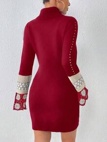 SHEIN Essnce Mẫu Geo Áo cao cổ tay áo lá sen Đầm Áo len - Màu Đỏ Sâu - Xem 2