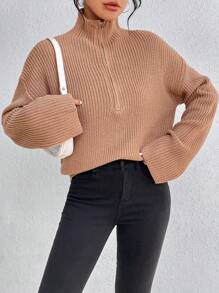 SHEIN Unity Jersey con cremallera media de hombros caídos - Caqui - Ver 4