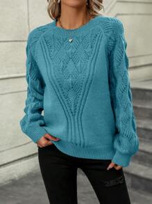 SHEIN LUNE Chất rắn Tay Raglan Dệt kim chấm bi Áo len - Màu xanh ngọc - Xem 3