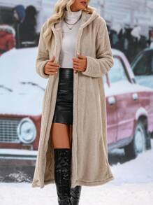 SHEIN LUNE Solid Hooded Teddy Duffle Coat - Apricot - View 5