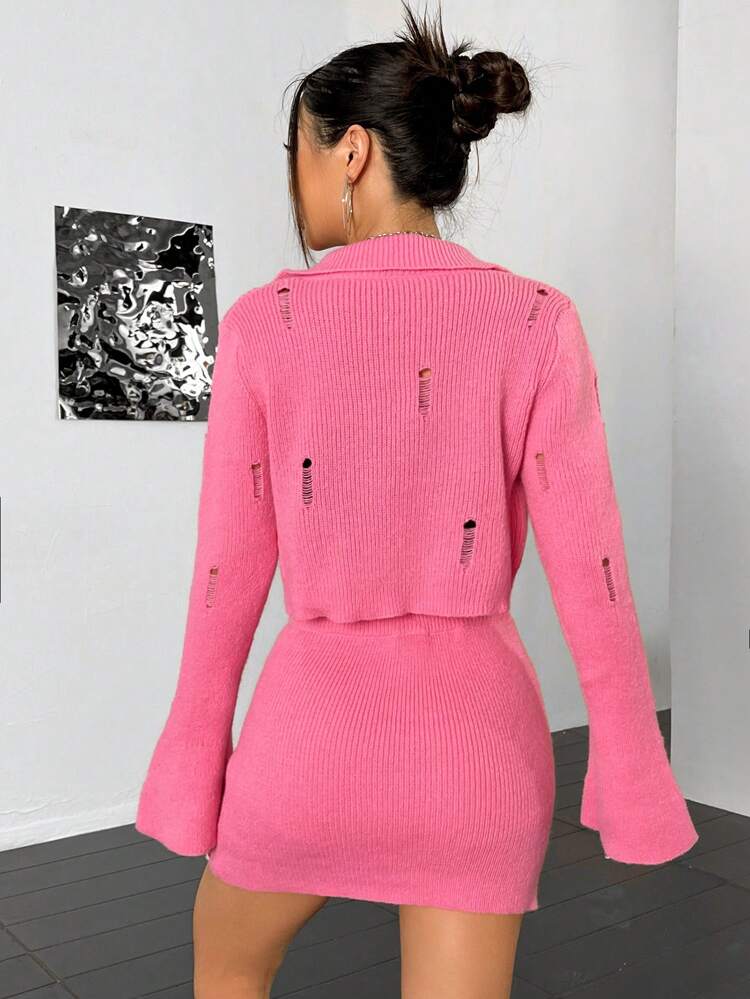 Solid Color Crop Cardigan & Tight-fitting Sweater & Skirt 3pcs/set