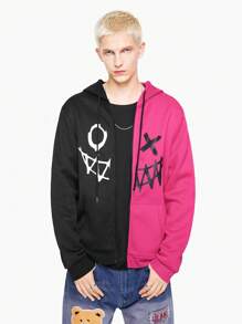 ROMWE MEN Street Life Men Two Tone Cartoon Graphic Drawstring Hoodie - Multicolor - View 1