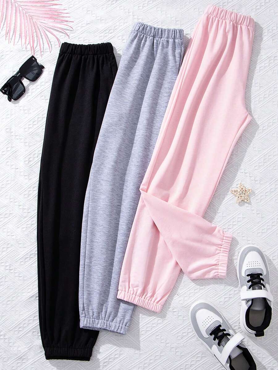 SHEIN 3pcs Tween Girl Solid Elastic Waist Sweatpants - Pink - View 1