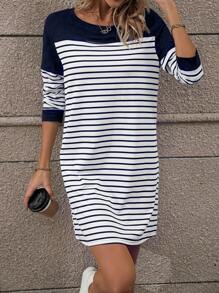 SHEIN LUNE In sọc Váy áo thun - Xanh và trắng - Xem 5