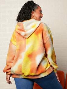 SHEIN CURVE+ Áo nỉ kiểu áo gấu bông cỡ lớn, nhuộm tie-dye, có túi kangaroo và vai rớt. - trái cam - Xem 2