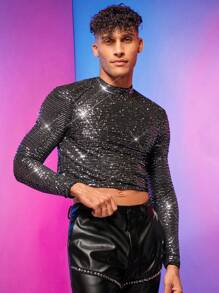 FeverCity 男士小高領亮片T恤 - 黑色 - 查看 4