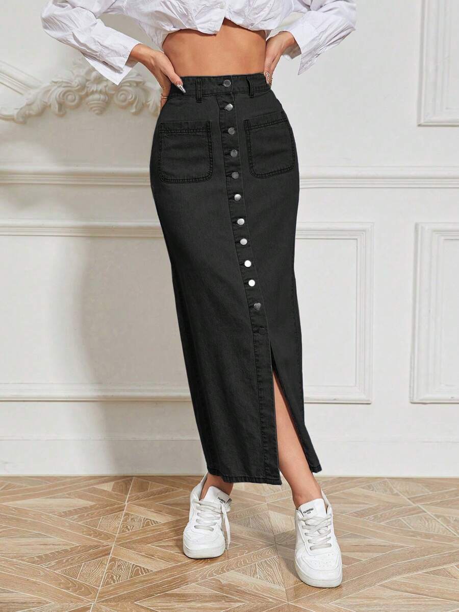SHEIN Essnce Button Fly Dual Pocket Denim Skirt - Black - View 1