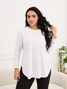 SHEIN Sports Talla grande Camiseta deportiva de manga raglán bajo curvo - Blanco - Ver 4