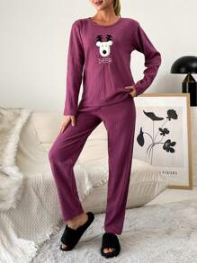 SHEIN Cottnline Embroidery Cartoon & Letter Pattern Lounge Set - Purple - View 4
