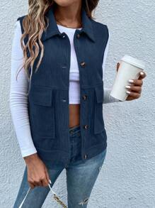 SHEIN LUNE 翻蓋口袋燈芯絨夾克背心 - 寶藍色 - 查看 1