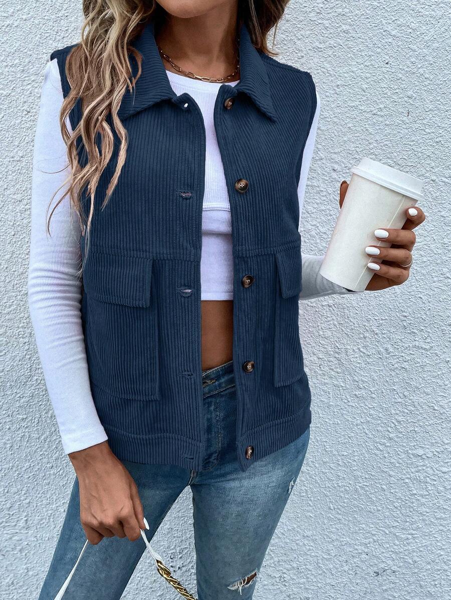 SHEIN LUNE 翻蓋口袋燈芯絨夾克背心 - 寶藍色 - 查看 1