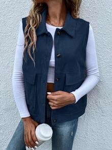 SHEIN LUNE 翻蓋口袋燈芯絨夾克背心 - 寶藍色 - 查看 3