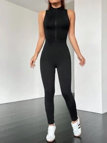 SHEIN EZwear 素色前拉鏈彈力緊身連體褲