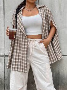 Flirla Plus Plaid Print Cloak Sleeve Overcoat - Apricot - View 4