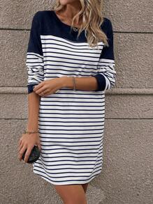 SHEIN LUNE In sọc Váy áo thun - Xanh và trắng - Xem 6