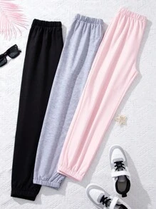 SHEIN 3pcs Tween Girl Solid Elastic Waist Sweatpants - Pink - View 2