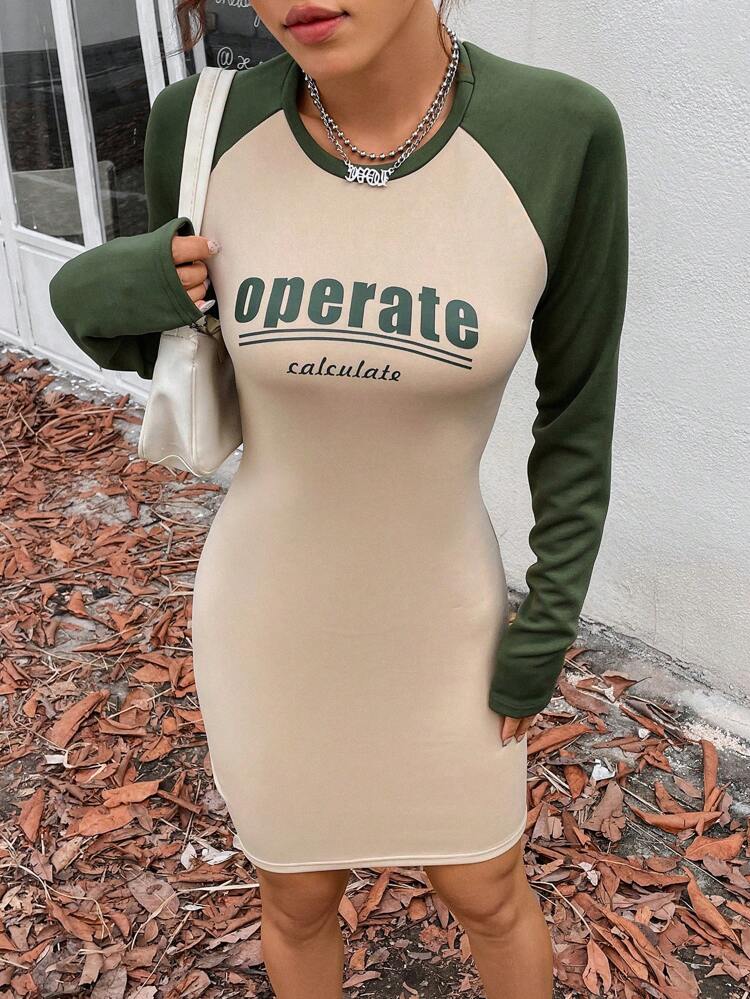 Letter Graphic Contrast Raglan Sleeve Bodycon Dress