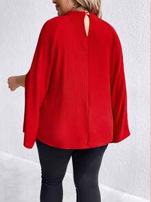 SHEIN Clasi Hơn Đường viền lỗ khóa Tách tay áo Áo sơ mi - Đỏ - Xem 2