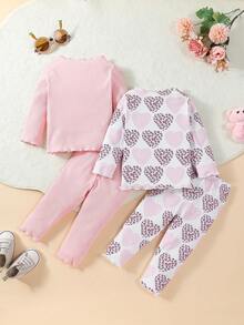 SHEIN Bebé niña 2 piezas Camiseta con estampado de corazón ribete con fruncido & 2 piezas Pantalones - Rosa - Ver 2