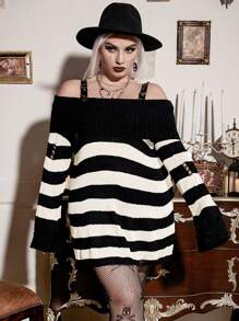 Calvaya Plus Striped Pattern Cold Shoulder Sweater Knit Pullover Fall Winter Sweater - Black and White - View 3