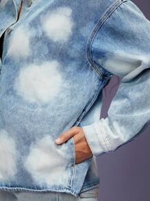 Denimoi Cloud Print Drop Shoulder Denim Jacket - Light Wash - View 4
