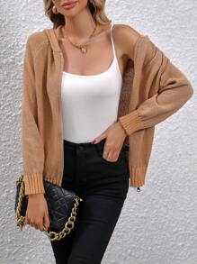 EMERY ROSE 插肩袖拉鏈開襟連帽開襟衫 - 駝色 - 查看 4