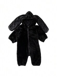 Baby Girl 3D Ear Design Hooded Teddy Jumpsuit - Black - View 1