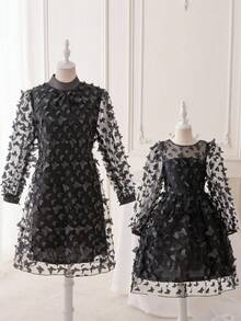 Tween Girls' Mesh Butterfly Applique Formal Dress - Black - View 3