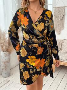SHEIN Franclia Plus Floral Print Knot Side Wrap Dress - Black - View 4