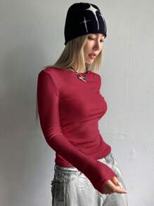 DAZY Solid Round Neck Thermal Tee Long Sleeve Women Tops,Thermal Lined - Redwood - View 5