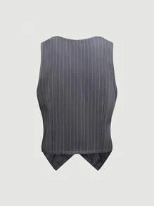 Sweetra Striped Print Button Front Vest Blazer