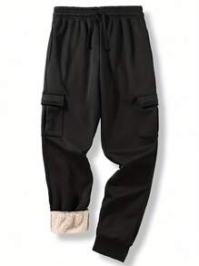 Men Flap Pocket Side Drawstring Waist Thermal Sweatpants - Black - View 1